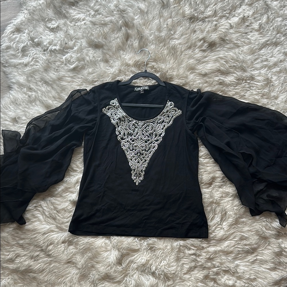 Grayse Chic Black Top with Embellished Detail